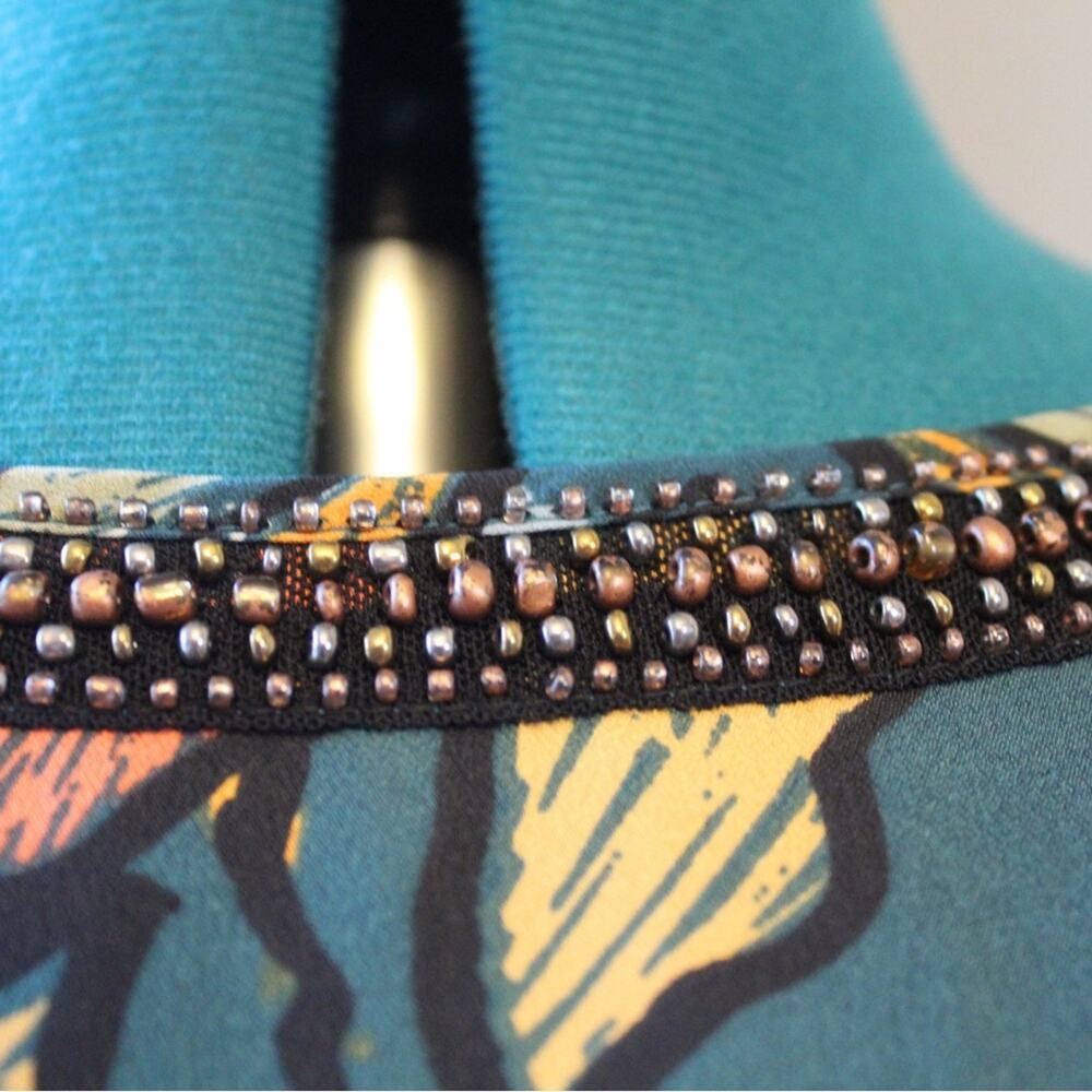 Maeve Anthropologie Teal Floral Dress Beaded Neckline | Women’s Medium | Mini - Picture 5 of 10